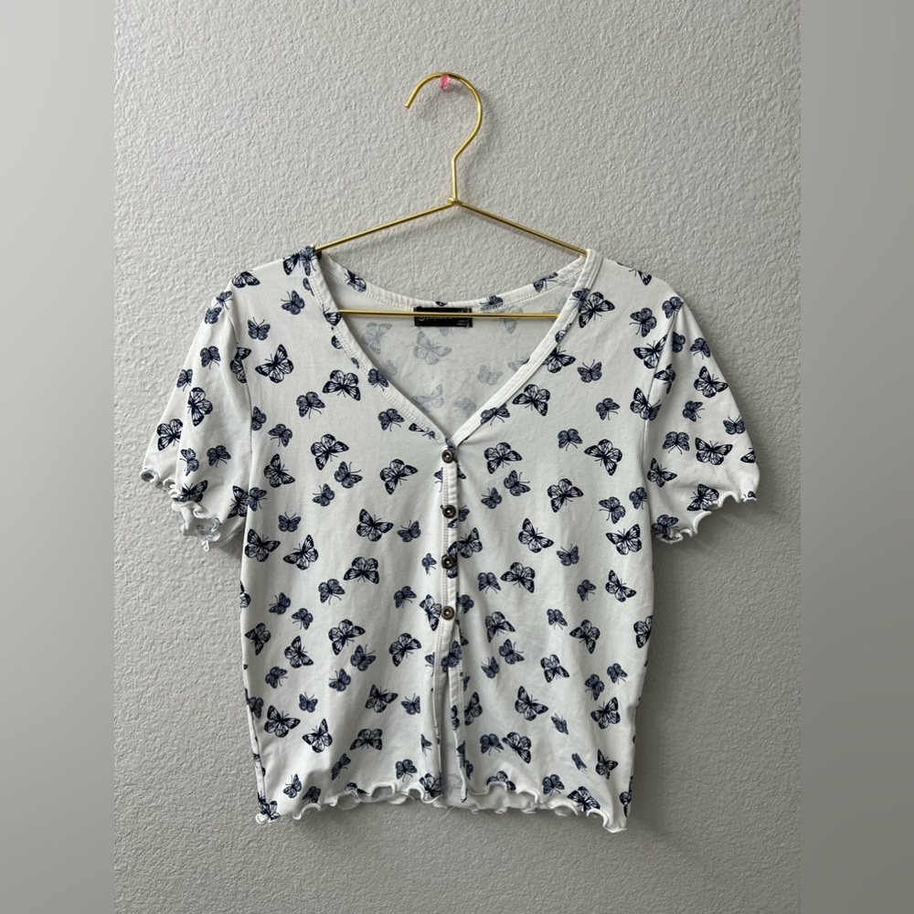 Popular 21, Size L, white blouse with blue butterflies
